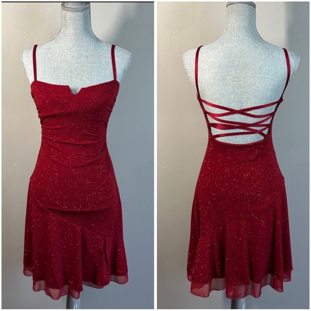 City Triangles VTG Womens Red Glitter Mini Sparkle Dress Y2K Party Baddie Glam